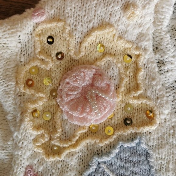 Vintage 80s Cottage Core White Pastel Sweater Large - Picture 5 of 8
